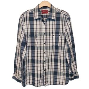 Alfani Men's Fitted Gray White Long-sleeved Button-down Bold Plaid Shirt Size L